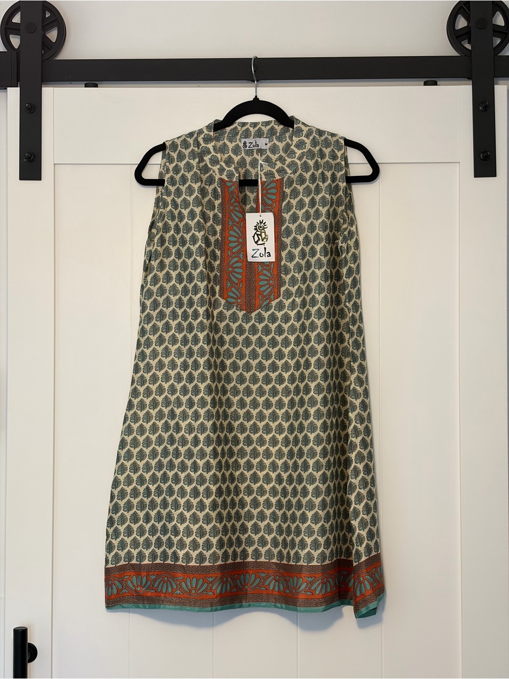 Green Printed Sleeveless Tunic with Terra Cotta Trim